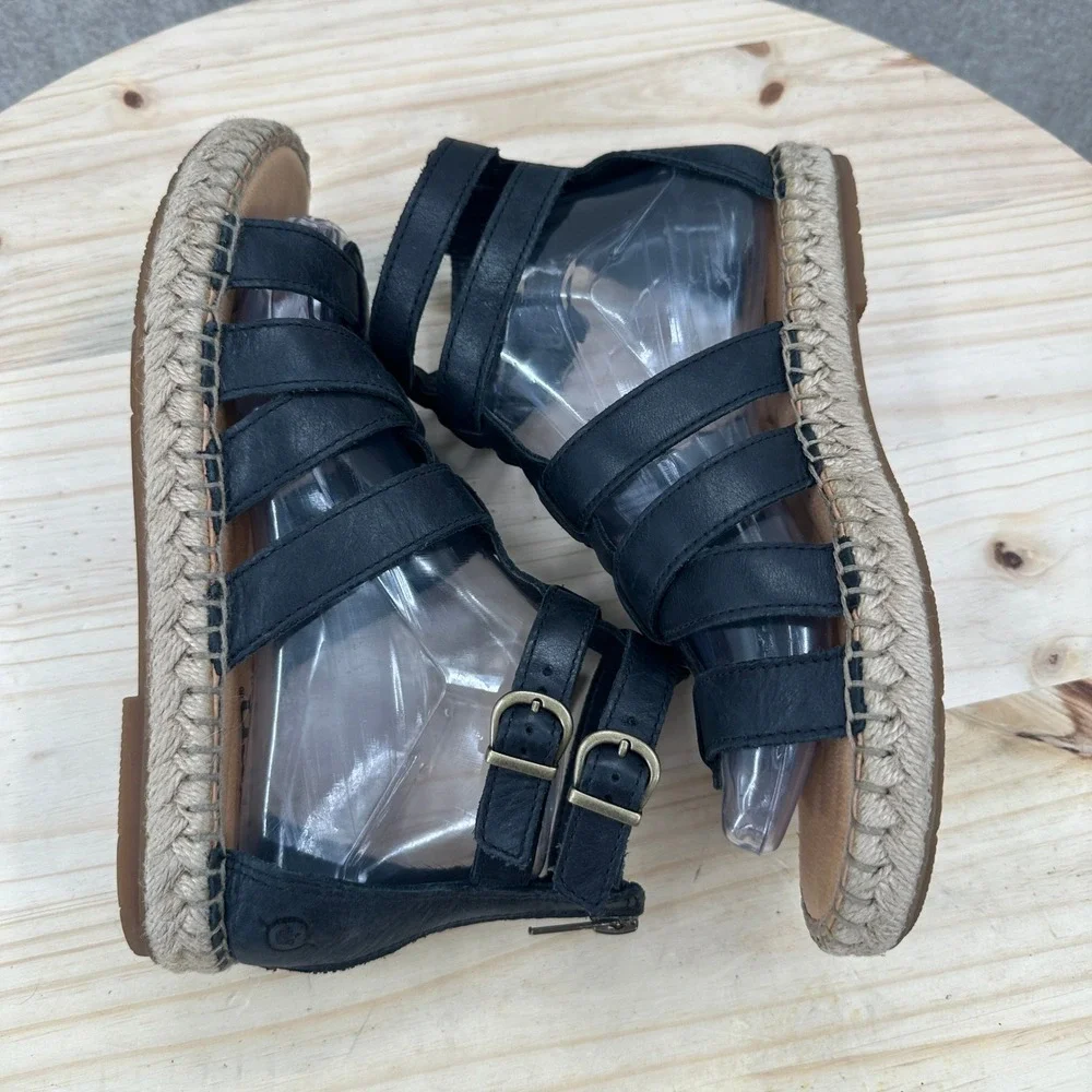 Born San Jacinto Sandals Women Size 7 Black Leather Espadrille Gladiator Strappy